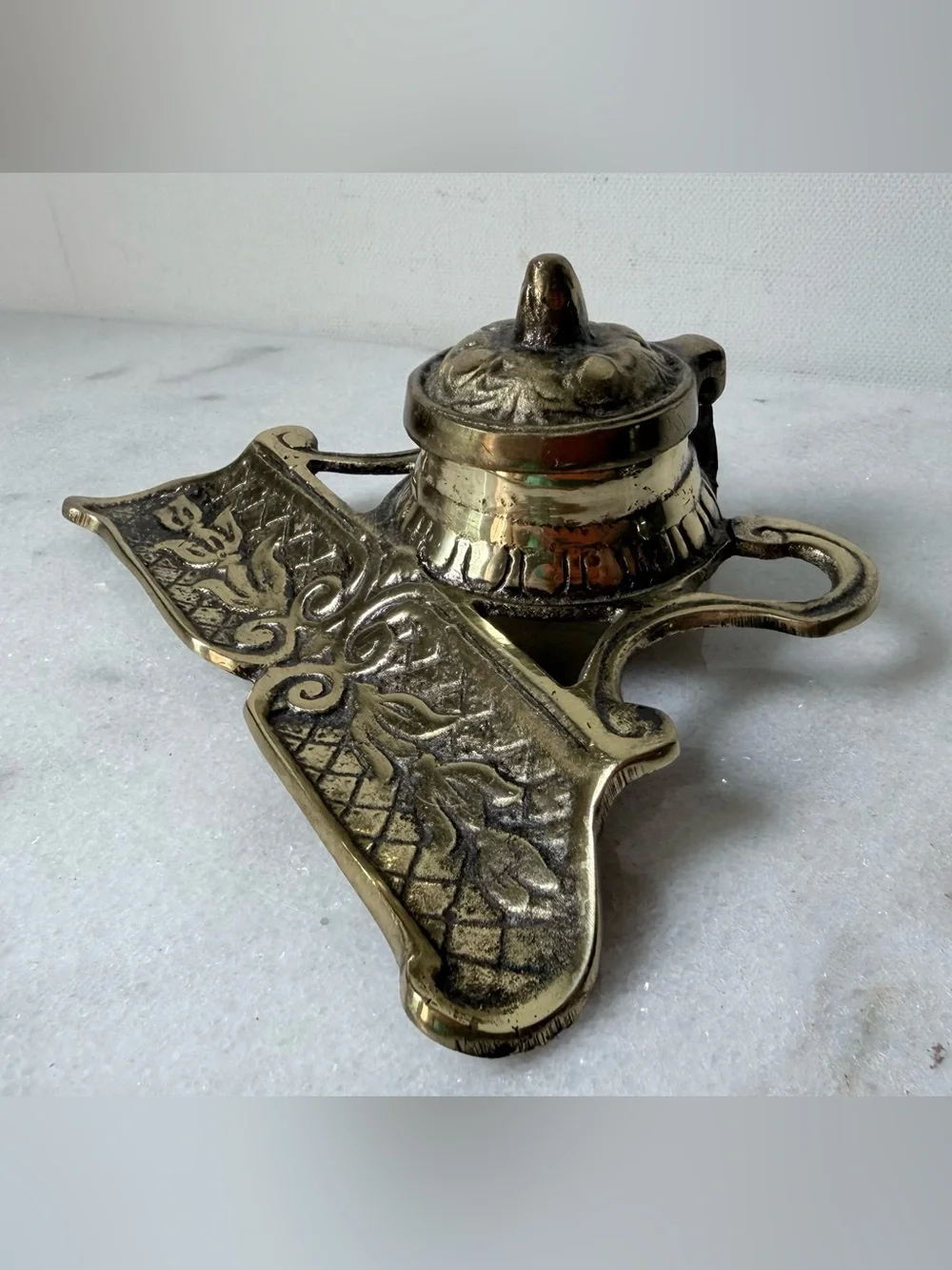 Brass Ink Well and Pen Rest - Antique-Style Brass Finish